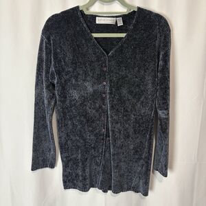 Sutton Studio Womens Vintage Chenille Cardigan Navy Blue Soft Cozy 90s Small